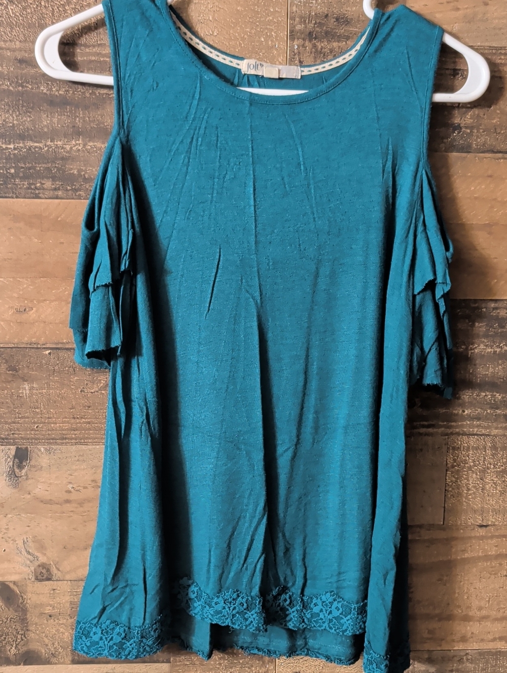 Jolt Teal Cold-Shoulder Lace-Hem Tunic